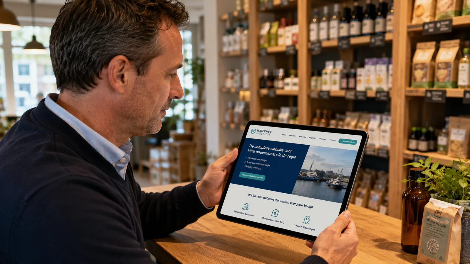 Ondernemer bekijkt zijn website op een tablet