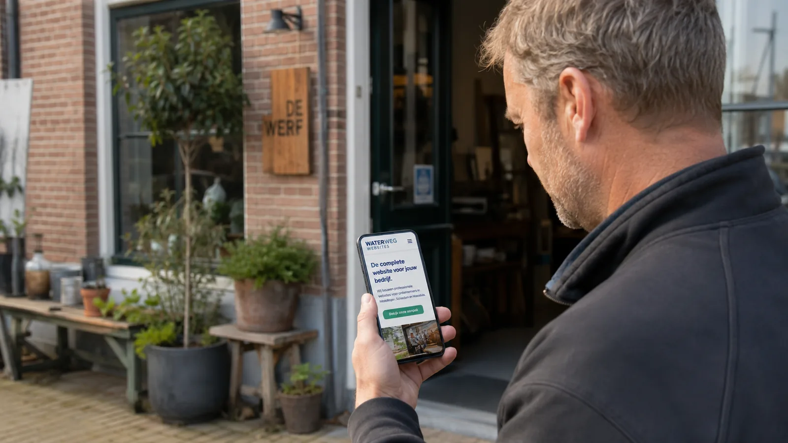 Ondernemer bekijkt zijn nieuwe website op een smartphone